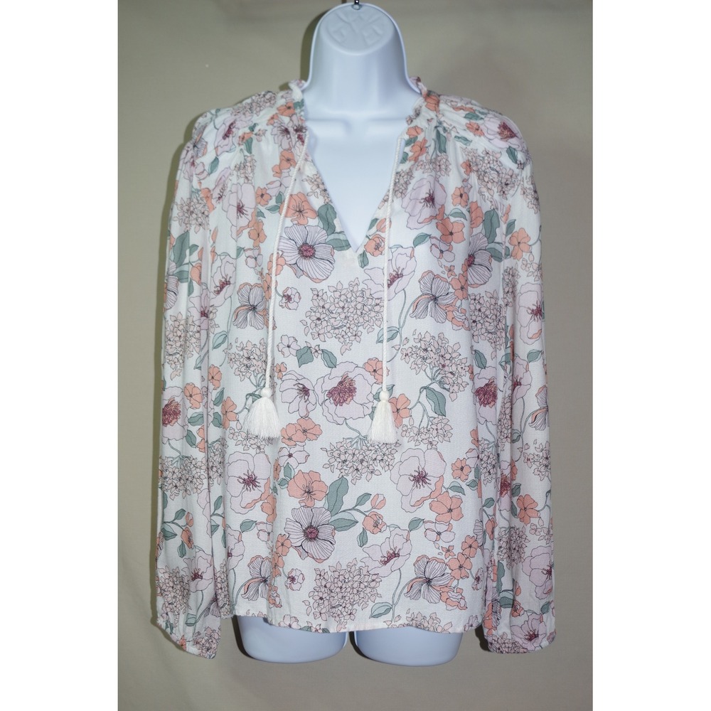 Lucky Brand Medium Floral Peasant Blouse Pink Sage Split V-Neck Tassel Top